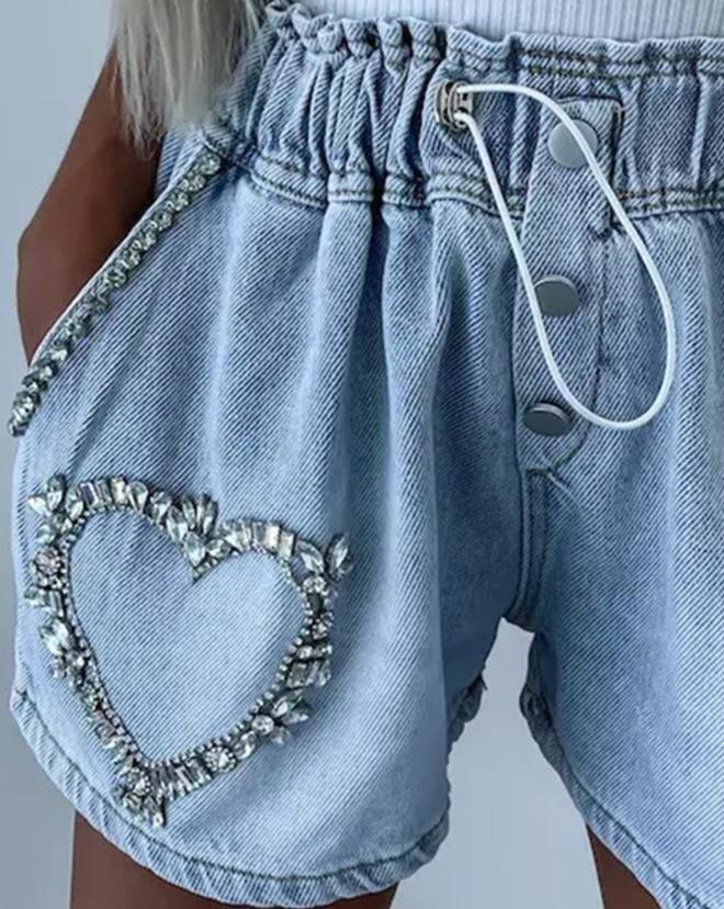 Rhinestone Heart Shorts detail