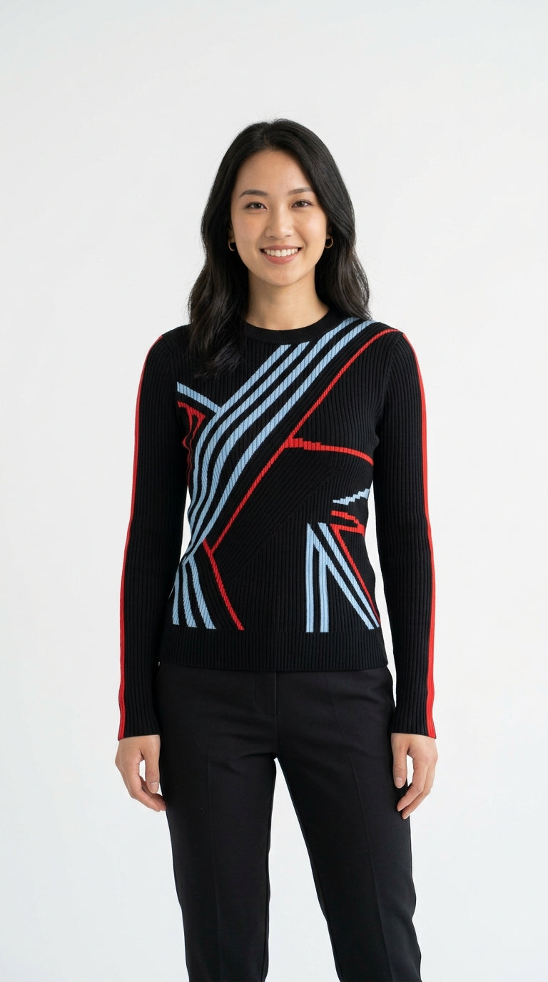 Amelia Contrast Knit Sweater - modelo con jersey negro con rayas diagonales azul y rojo