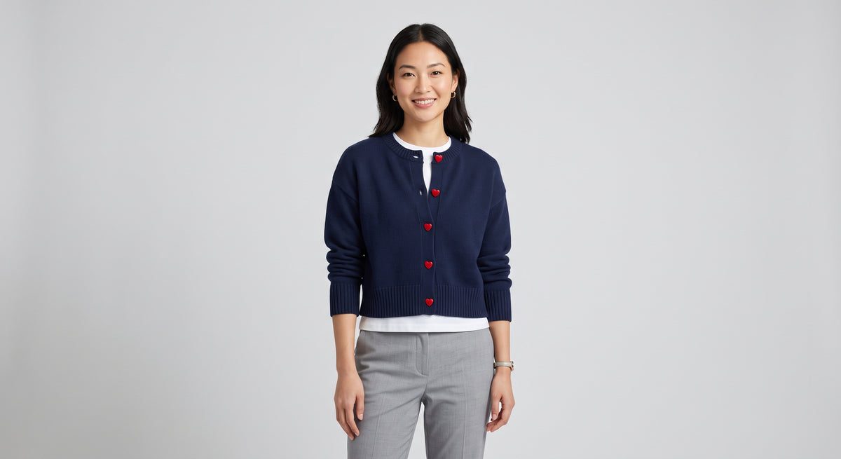 Ava Wool Knit Cardigan - modelo con cárdigan azul marino con botones de corazón