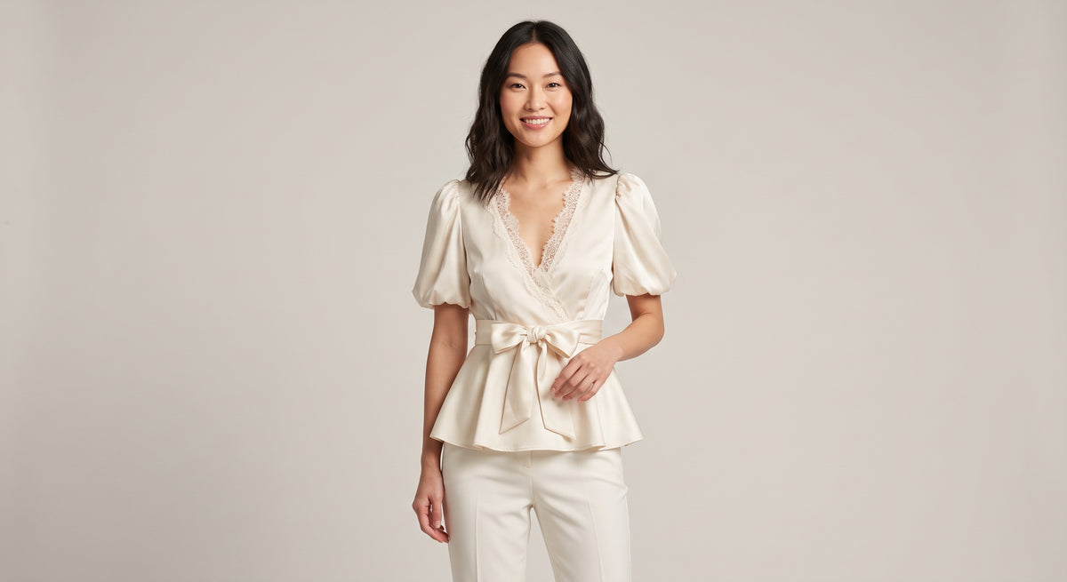 Clara Satin Lace Blouse - blusa saten marfil con encaje y lazo en la cintura