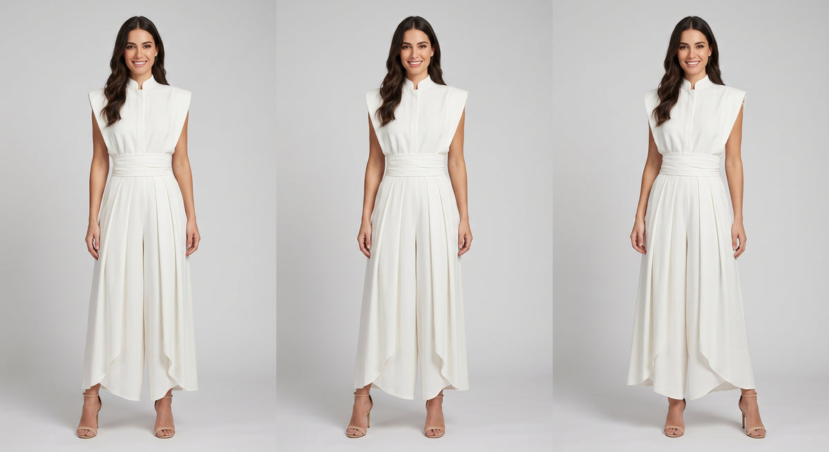 Clara Pleated Midi Dress - conjunto marfil con top cuello alto y pantalón ancho plisado