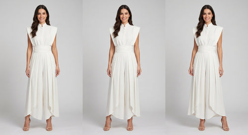 Clara Pleated Midi Dress - conjunto marfil con top cuello alto y pantalón ancho plisado