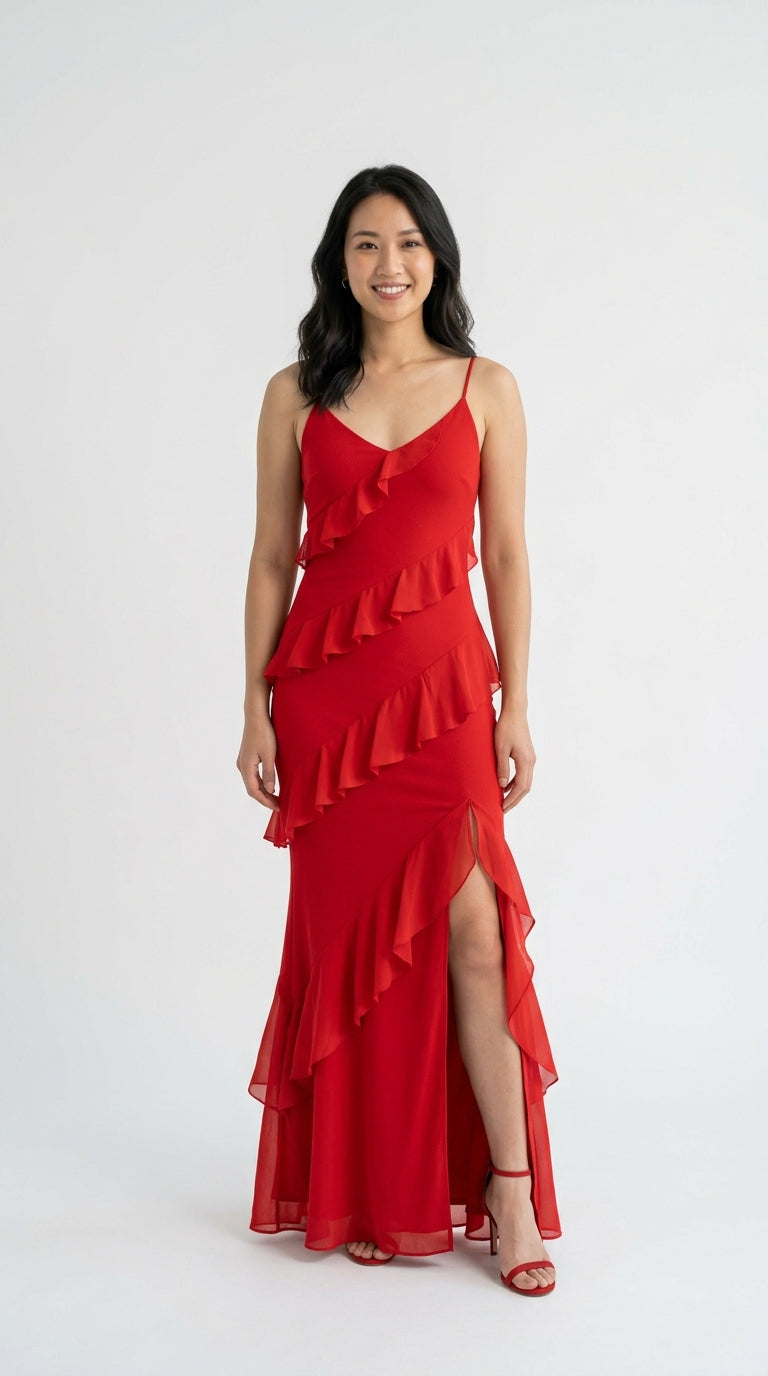 Elegant Maxi Dress - vestido rojo largo con volantes modelo mujer