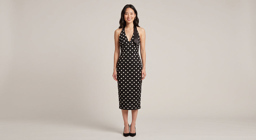 Élodie Polka Dot Halter Dress - vestido midi negro de lunares con escote halter