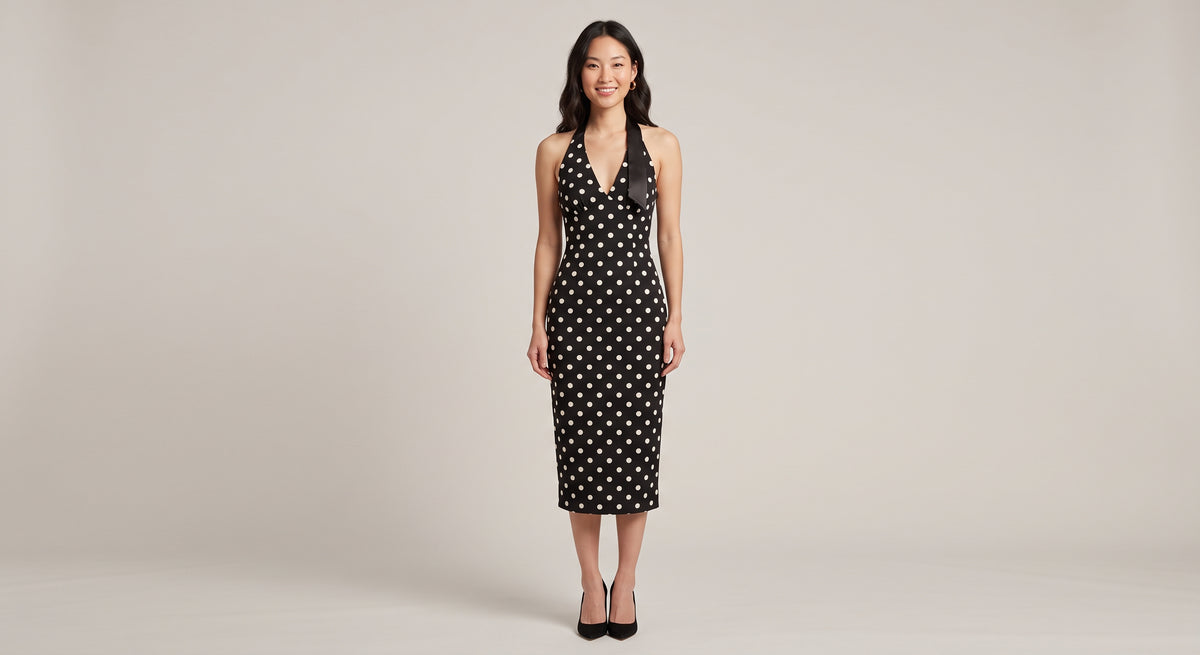 Élodie Polka Dot Halter Dress - vestido midi negro de lunares con escote halter