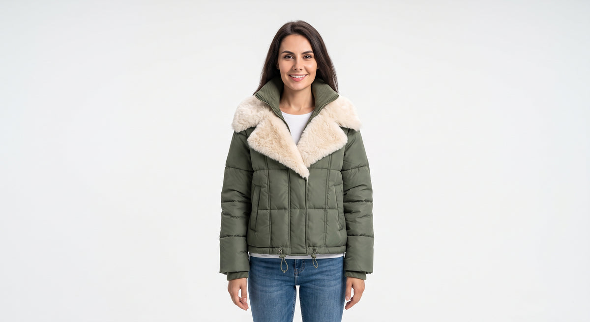 Giovanni Fur Jacket - modelo con chaqueta acolchada verde oliva y cuello de pelo sintético crema