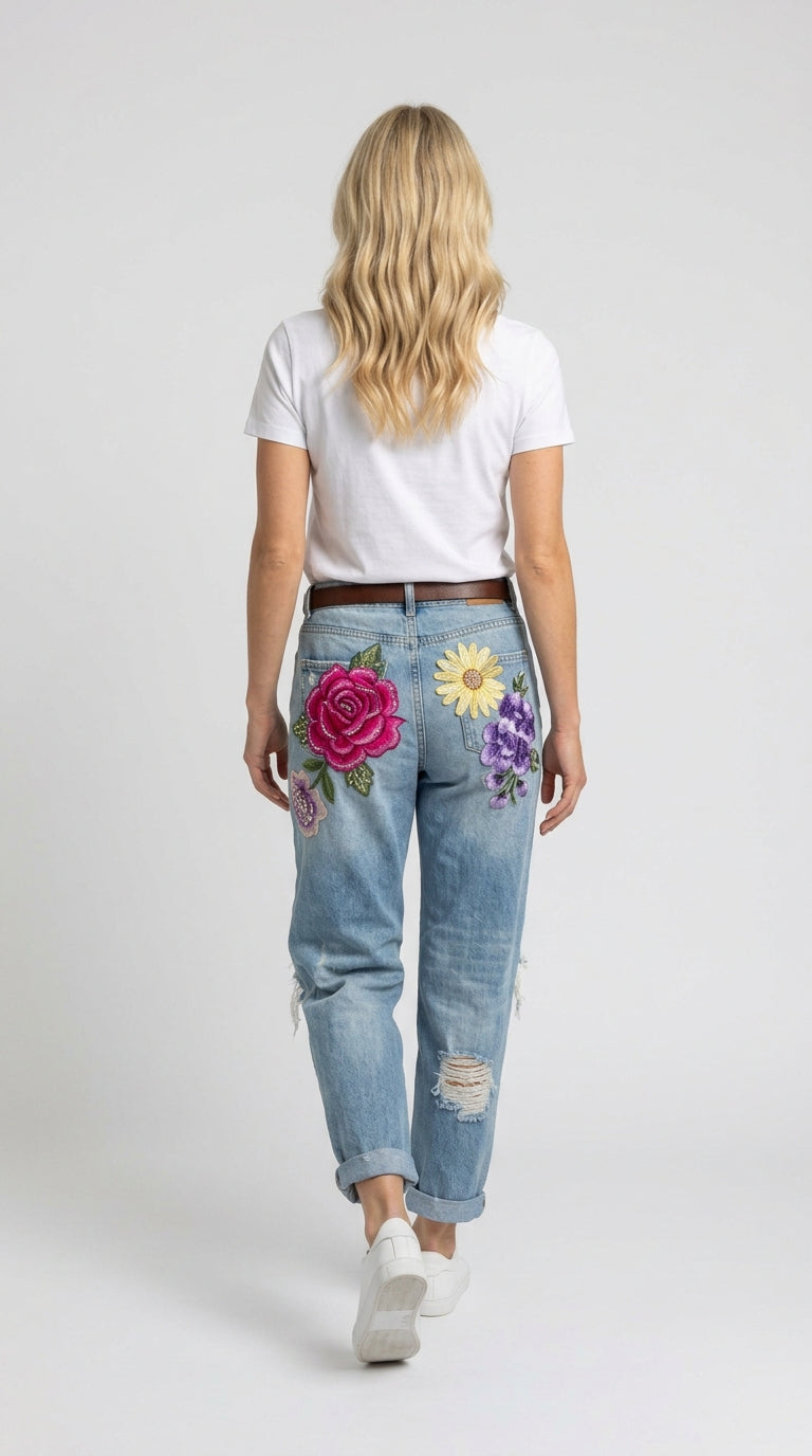 Luna Embroidered Denim Pants - vaqueros con apliques florales bordados