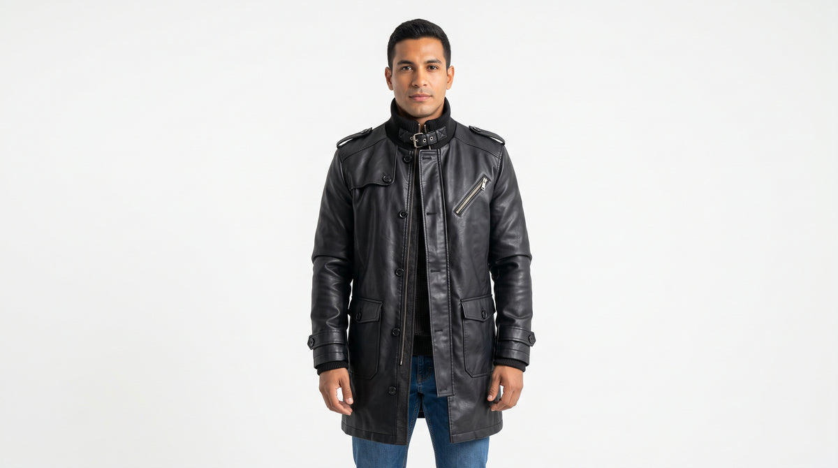 Sterling Leather Coat - modelo con abrigo de piel sintética con cuello alto y hebilla